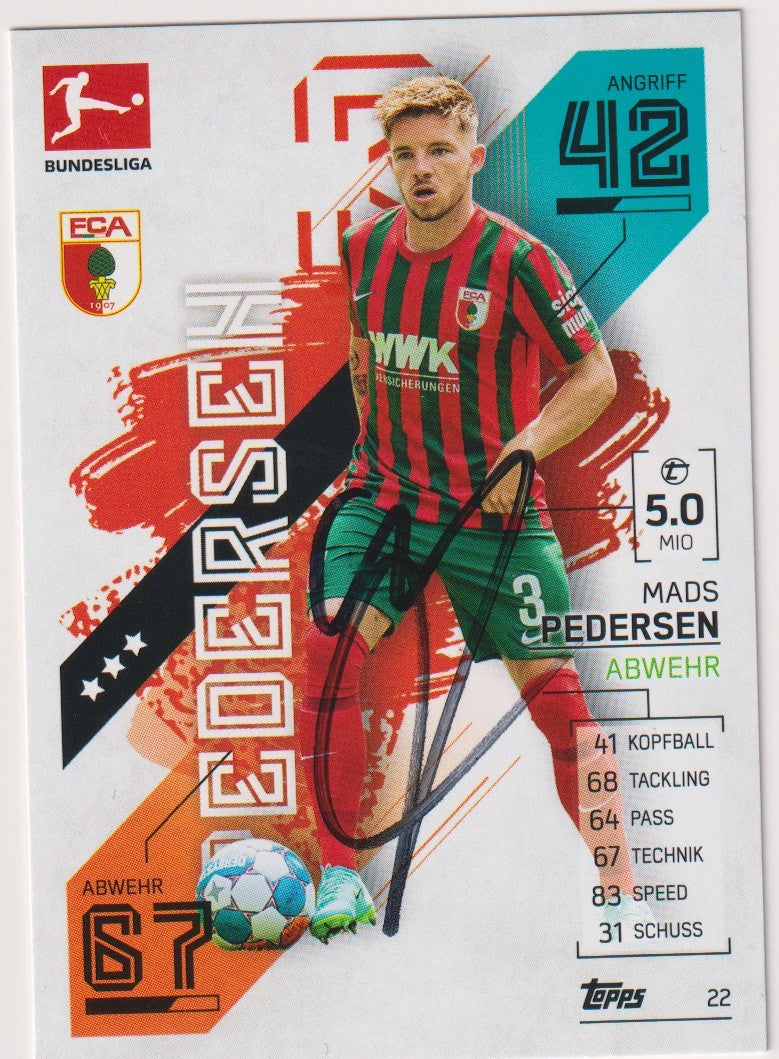 Topps Match Attax 2021-22 Mads Pedersen On Card Auto FC Augsburg Trading Card – Bild 1
