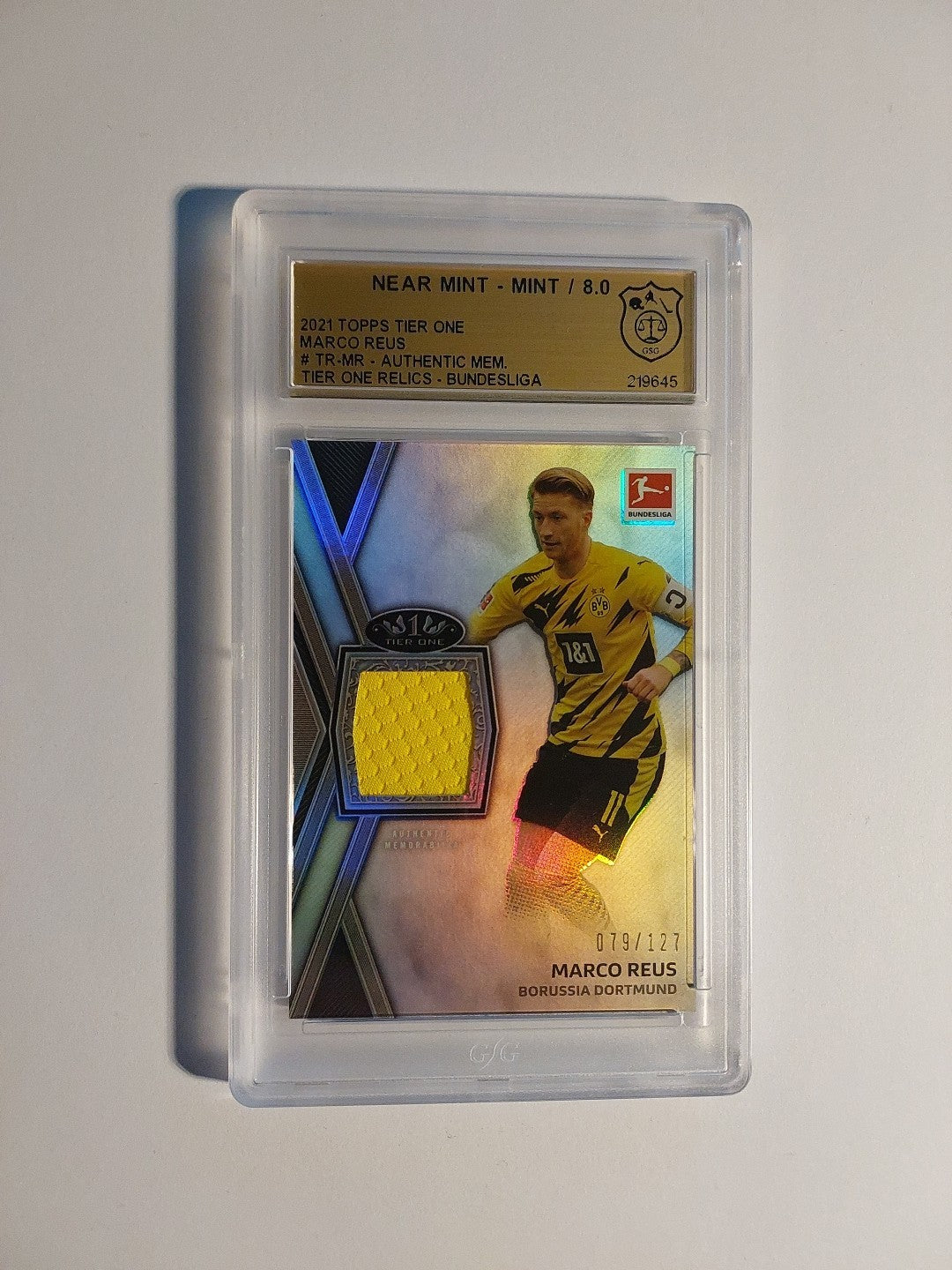 Topps Tier One 2020-21 Marco Reus BVB Patch Relic Parallel 79/127 GSG 8.0 = PSA – Bild 1