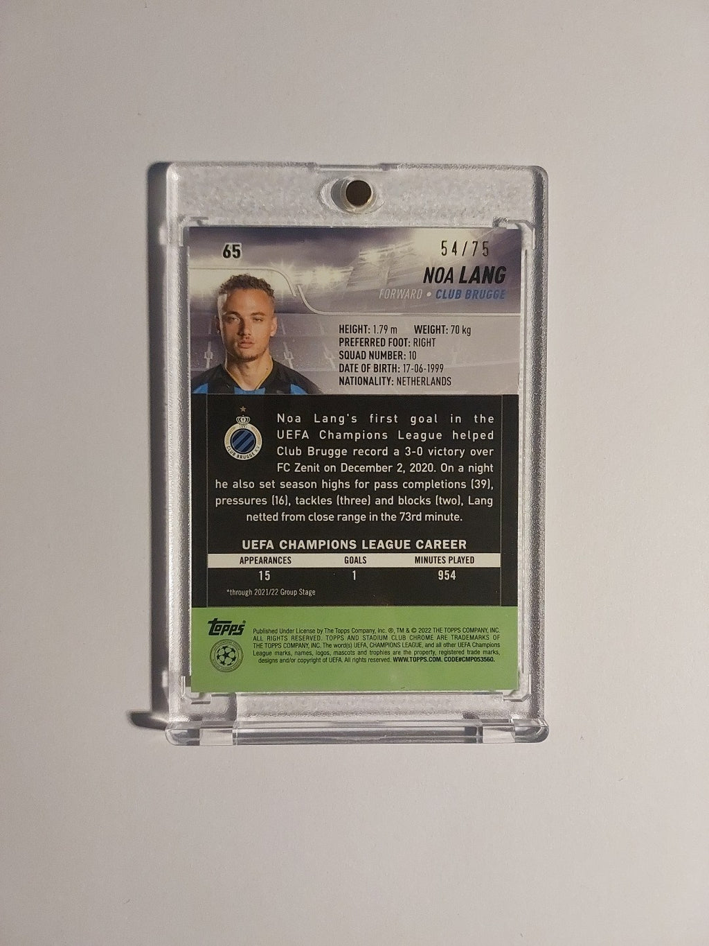 Topps UCC Chrome 2021-22 Noa Lang Club Brügge Parallel 54/75 Refractor Rare Hit – Bild 2