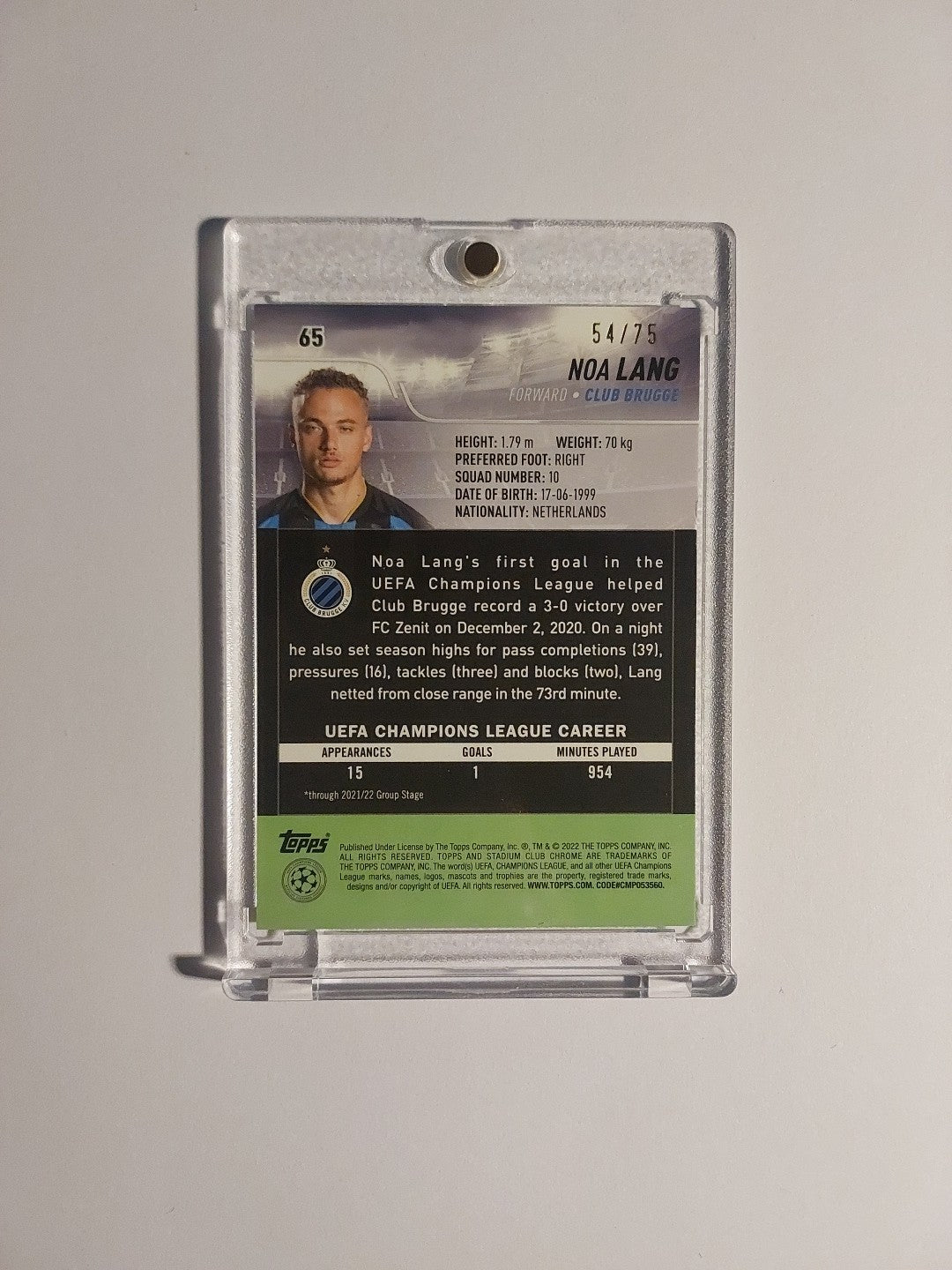 Topps UCC Chrome 2021-22 Noa Lang Club Brügge Parallel 54/75 Refractor Rare Hit – Bild 2