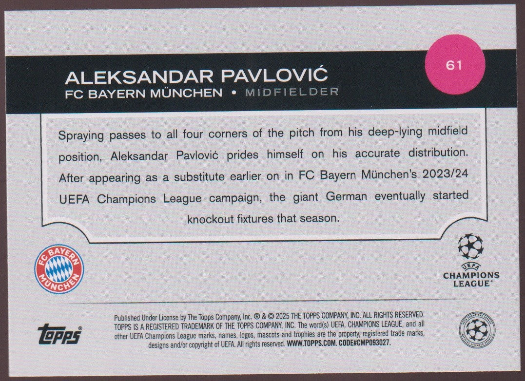 Topps 2024-25 Aleksandar Pavlović Rookie FC Bayern München All-Star Parallel – Bild 2