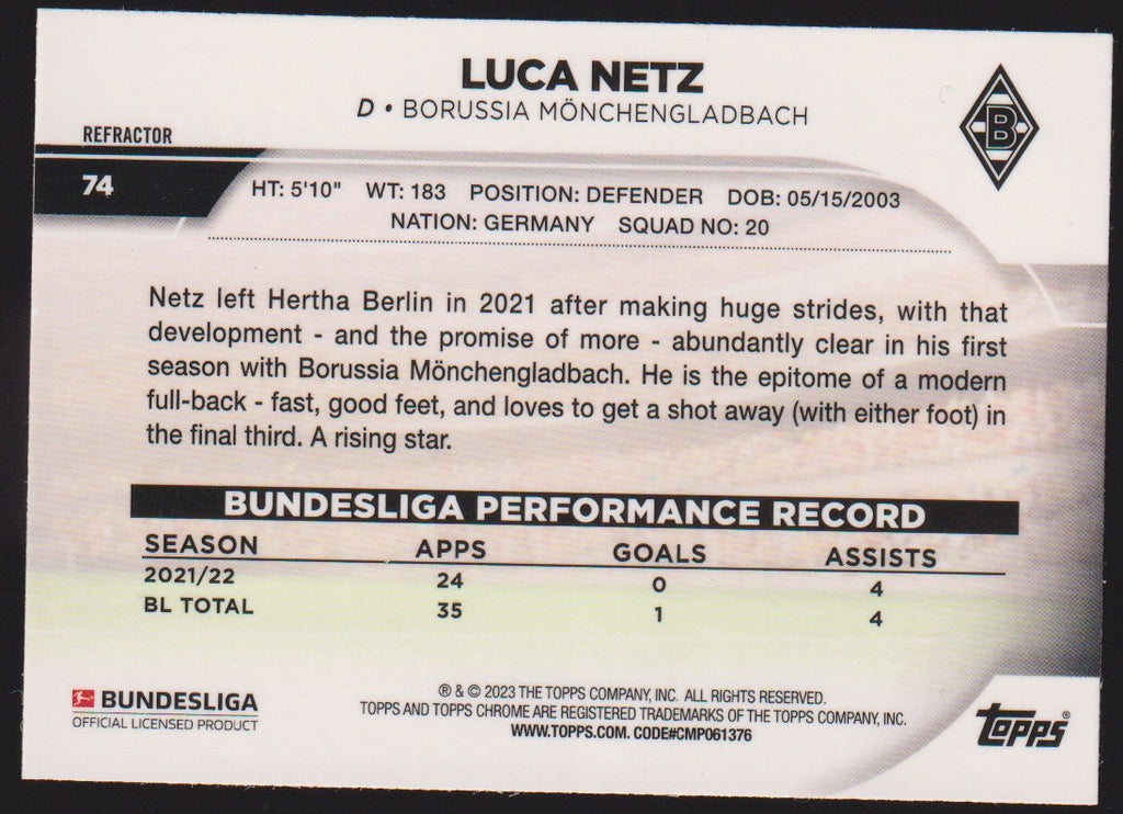 Topps Chrome 2021-22 Luca Netz Borussia Mönchengladbach Parallel Refractor – Bild 2