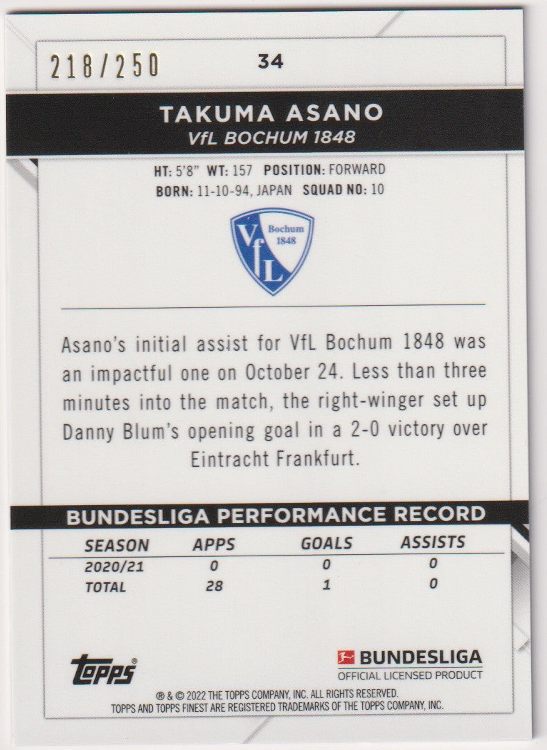 Topps Finest 2020-21 Takuma Asano Rookie VfL Bochum 1848 Parallel 218/250 Rare – Bild 2