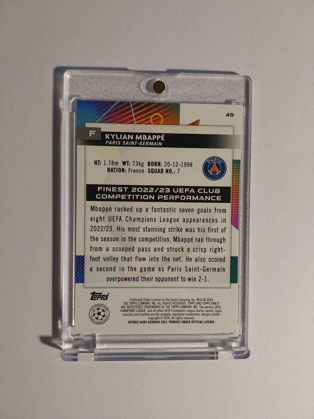 Topps Finest 2023-24 Kylian Mbappé Paris Saint-Germain Parallel Ultra Rare Hit – Bild 2