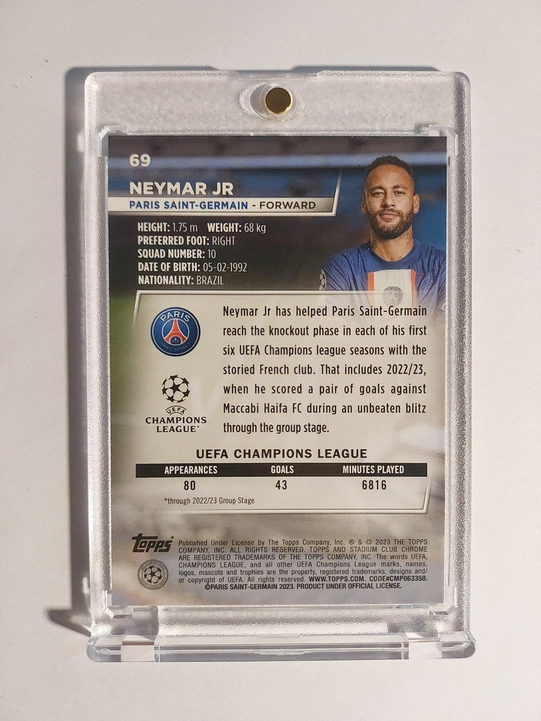 Topps Stadium Club 2022-23 Neymar Jr Paris Saint-Germain Parallel Blue Refractor – Bild 2