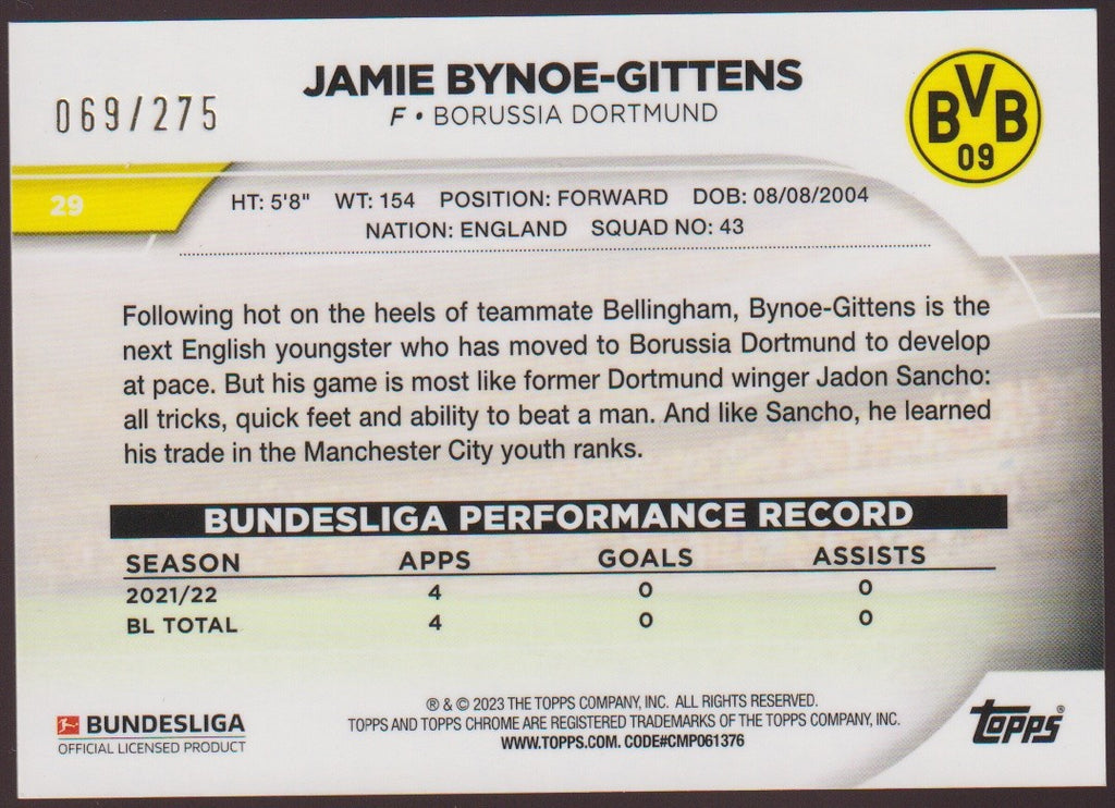 Topps 2022-23 Jamie Bynoe-Gittens Borussia Dortmund Parallel 69/275 Rookie – Bild 2