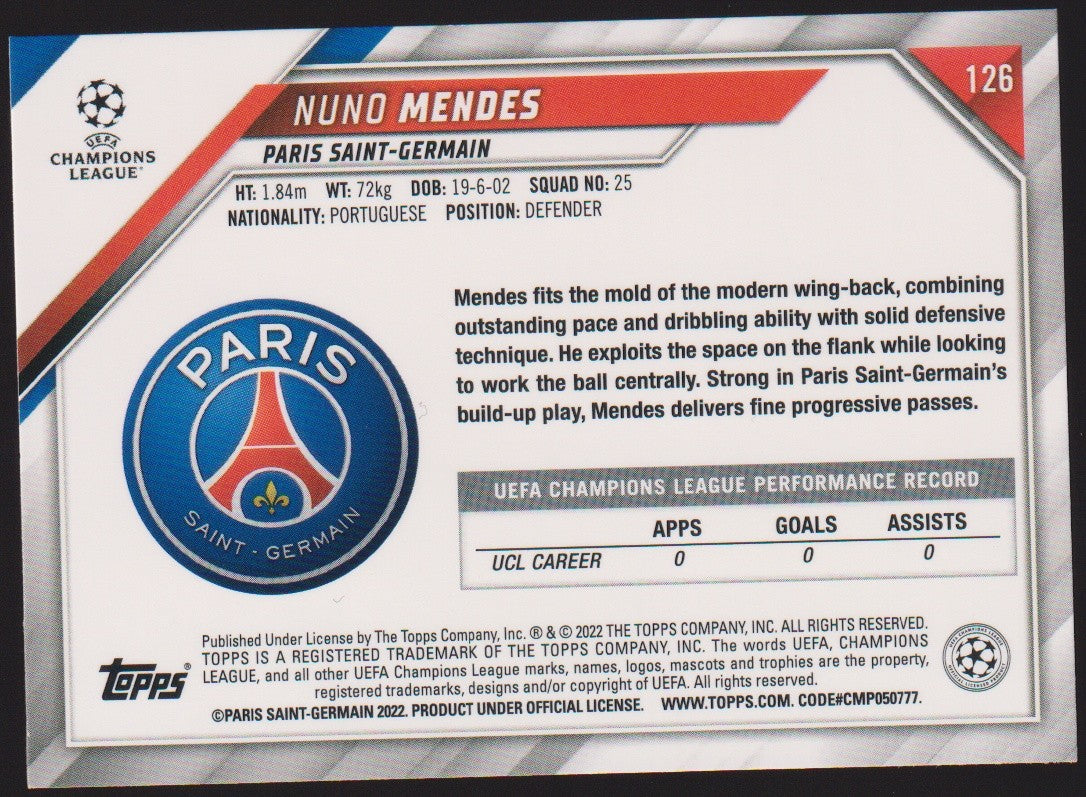 Topps 2021-22 Nuno Mendes Rookie Paris Saint-Germain Parallel Rare – Bild 2