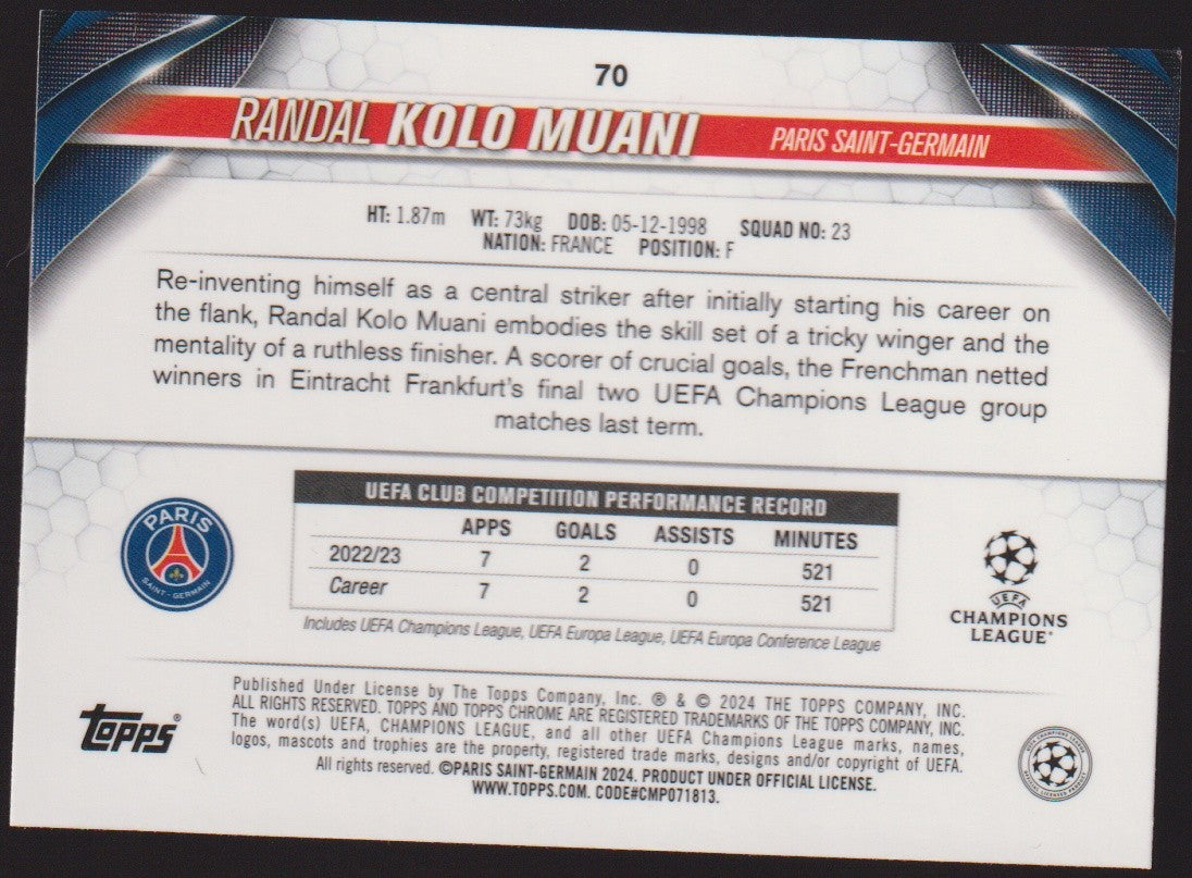 Topps Chrome 2023-24 Randal Kolo Muani Rookie Paris Saint-Germain Parallel Rare – Bild 2