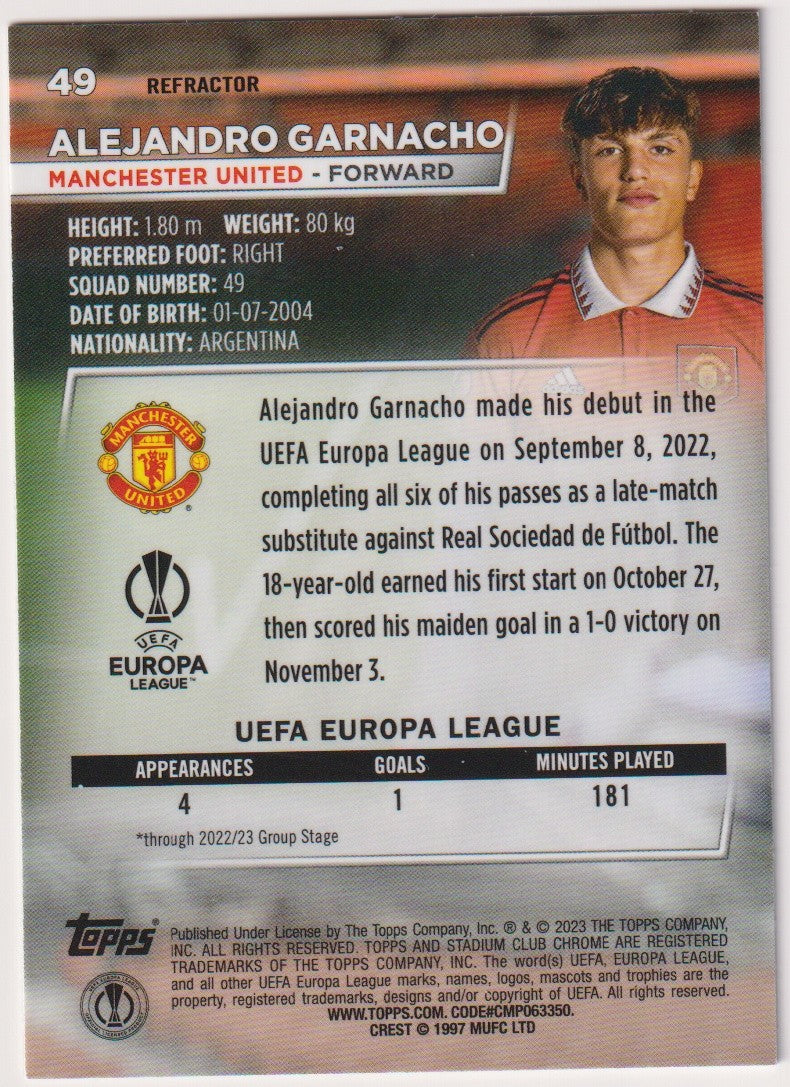 Topps Chrome 2023-24 Alejandro Garnacho Rookie Manchester United Parallel – Bild 2