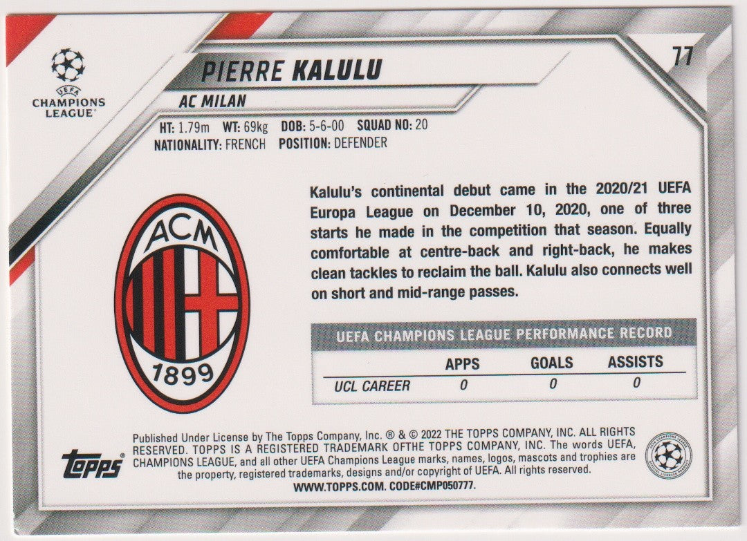 Topps 2020-21 Pierre Kalulu Rookie AC Milan Champions League Parallel Rare 77 – Bild 2
