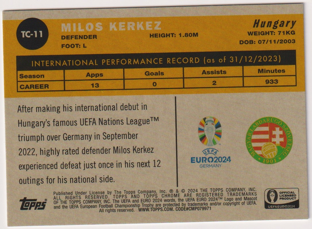 Topps Chrome 2023-24 Milos Kerkez Hungrische Nationalmannschaft Parallel Rare – Bild 2