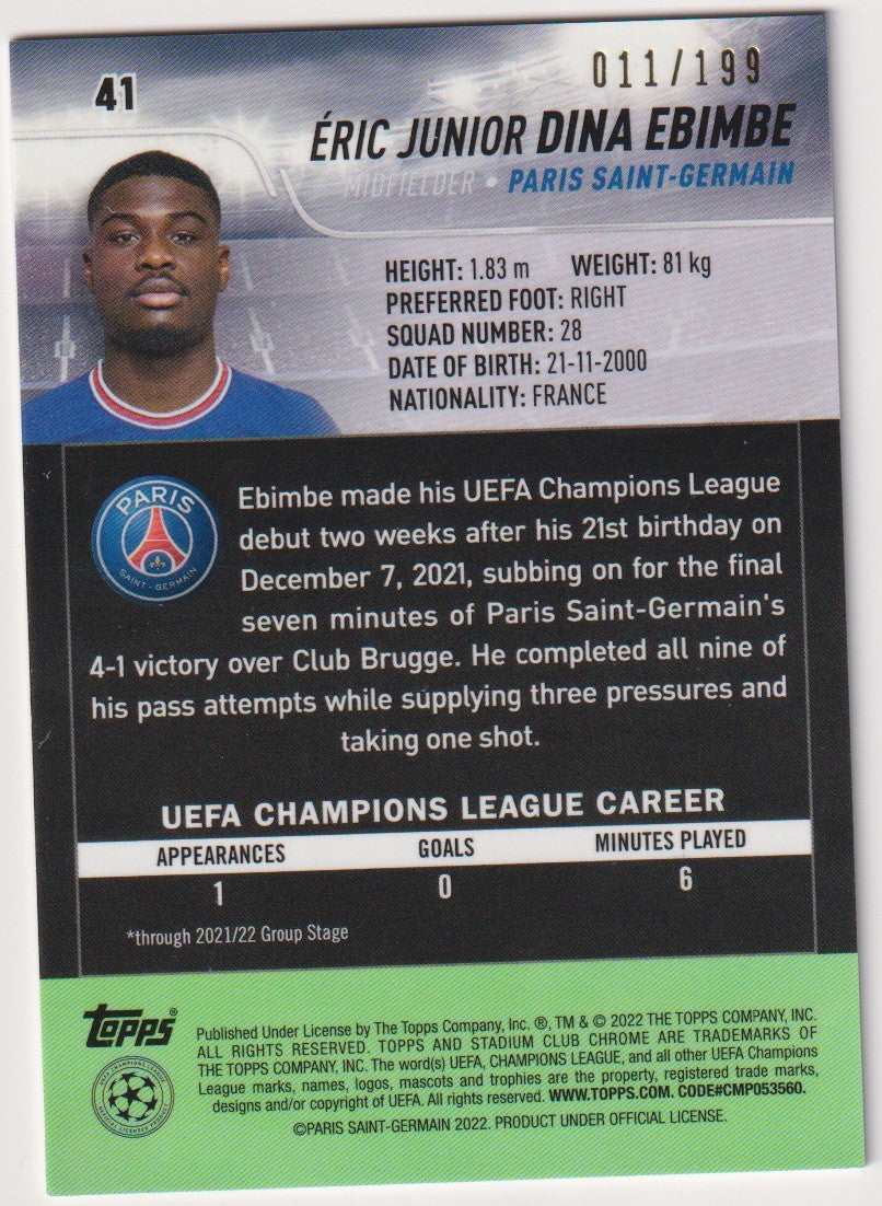 Topps Stadium Club Chrome 2021-22 Éric Junior Dina Ebimbe Rookie Paris – Bild 2