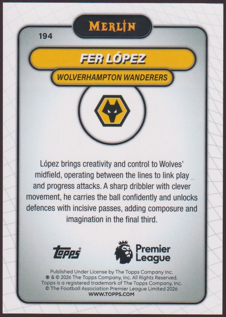 Topps Merlin 2025-26 Fer Lopez Wolverhampton Wanderers Parallel 81/199 Rookie – Bild 2