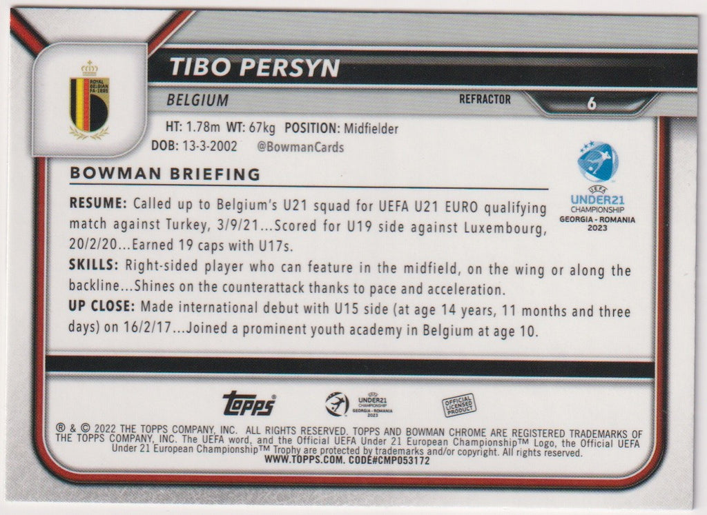 Topps Chrome 2021-22 Tibo Persyn Belgium Parallel Refractor – Bild 2