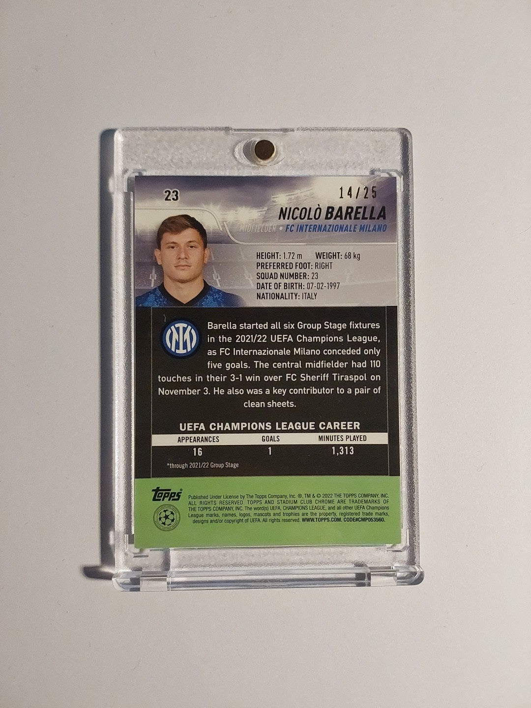Topps Stadium Club Chrome 2021-22 Nicolo Barella Inter Mailand Parallel 14/25 – Bild 2