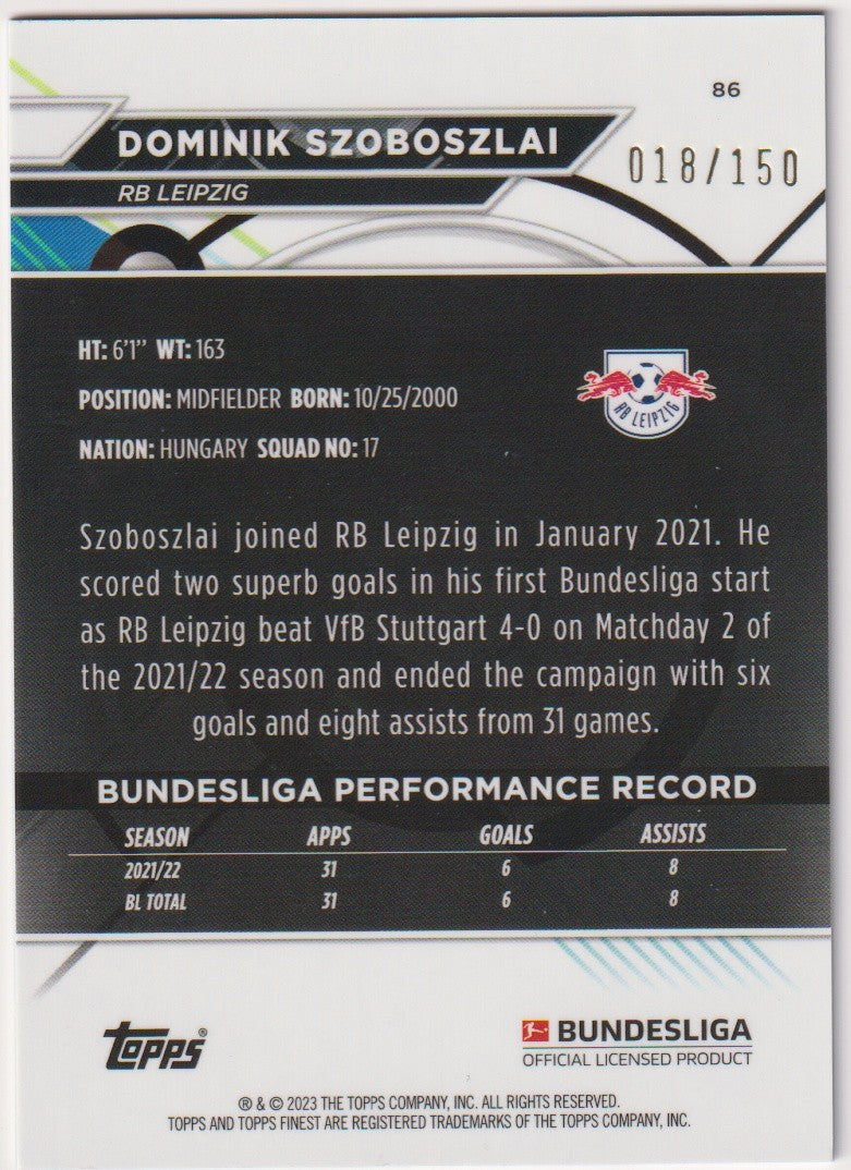 Topps Finest 2021-22 Dominik Szoboszlai Rookie RB Leipzig Parallel 018/150 Rare – Bild 2