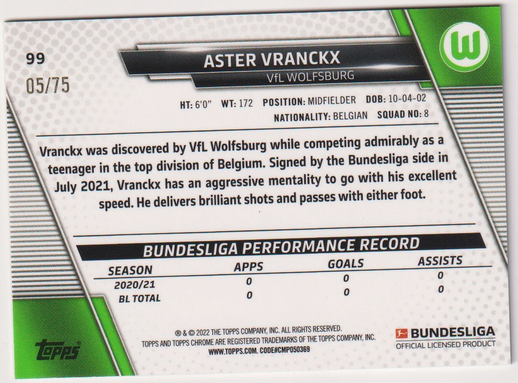 Topps Chrome 2021-22 Aster Vranckx Rookie VfL Wolfsburg Parallel 05/75 Rare – Bild 2