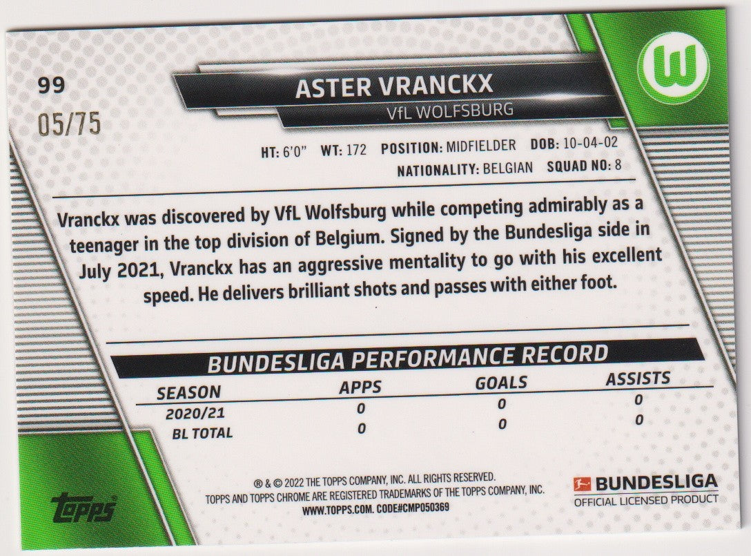 Topps Chrome 2021-22 Aster Vranckx Rookie VfL Wolfsburg Parallel 05/75 Rare – Bild 2