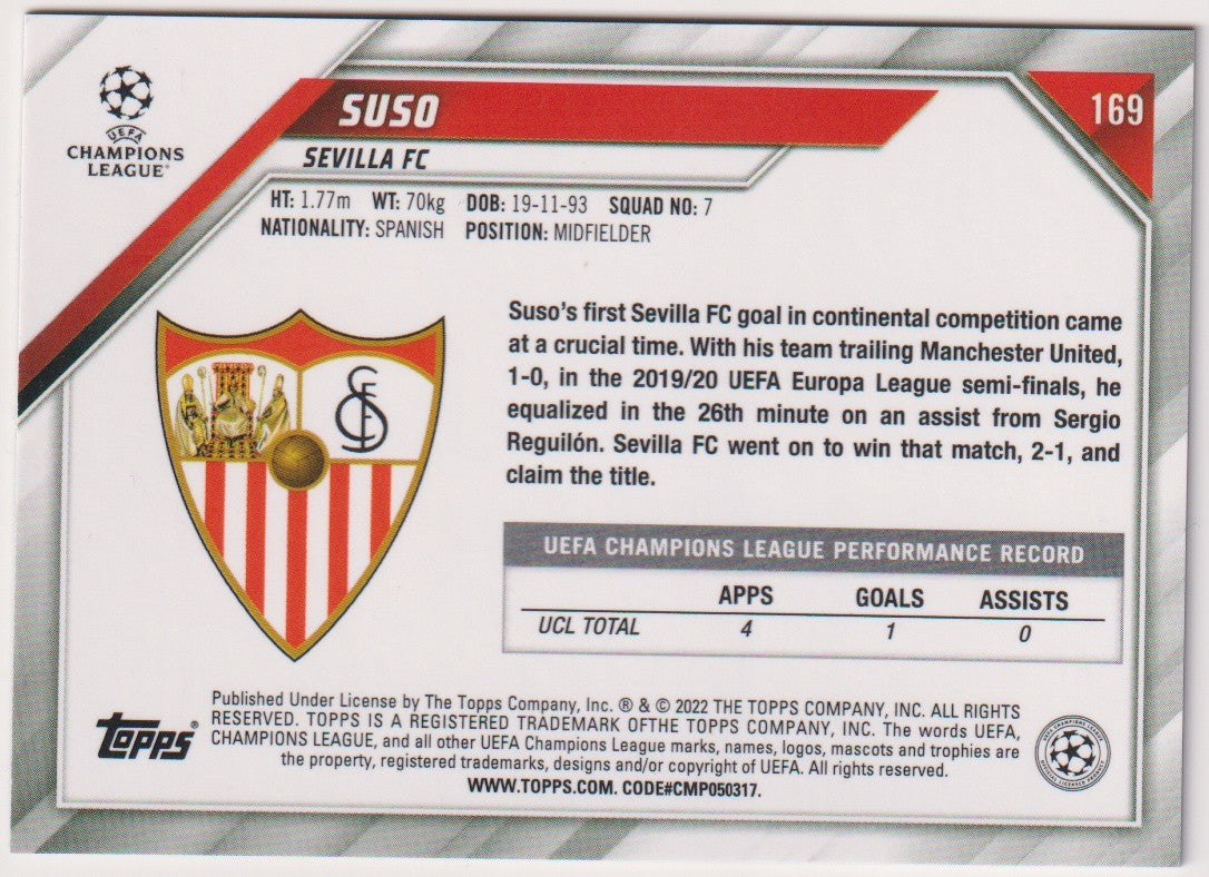 Topps Champions League 2022-23 Suso Sevilla FC Parallel Rare 169 – Bild 2