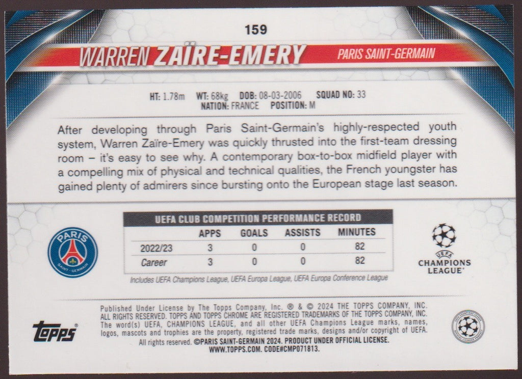 Topps Chrome 2023-24 Warren Zaire-Emery Rookie Paris Saint-Germain Parallel Rare – Bild 2