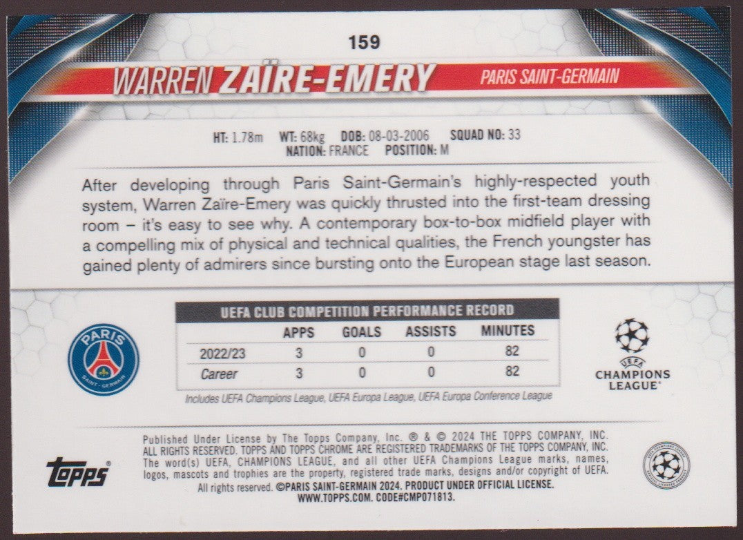 Topps Chrome 2023-24 Warren Zaire-Emery Rookie Paris Saint-Germain Parallel Rare – Bild 2