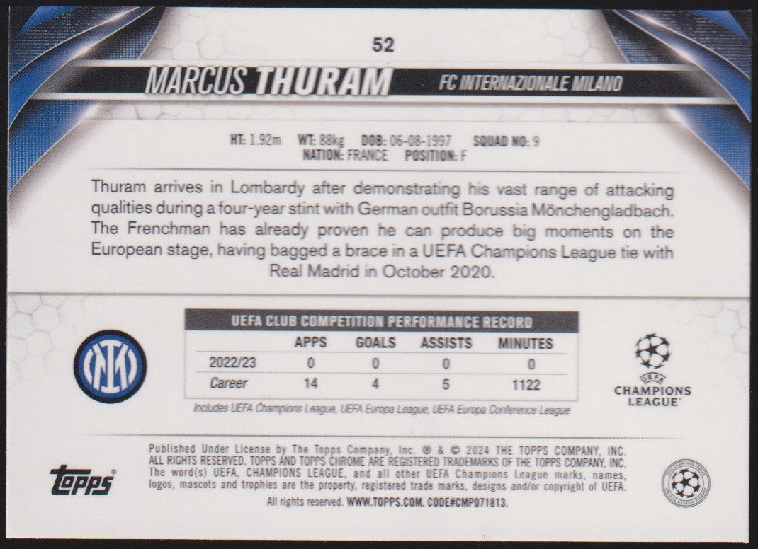 Topps Chrome 2023-24 Marcus Thuram FC Internazionale Milano Parallel Rare – Bild 2