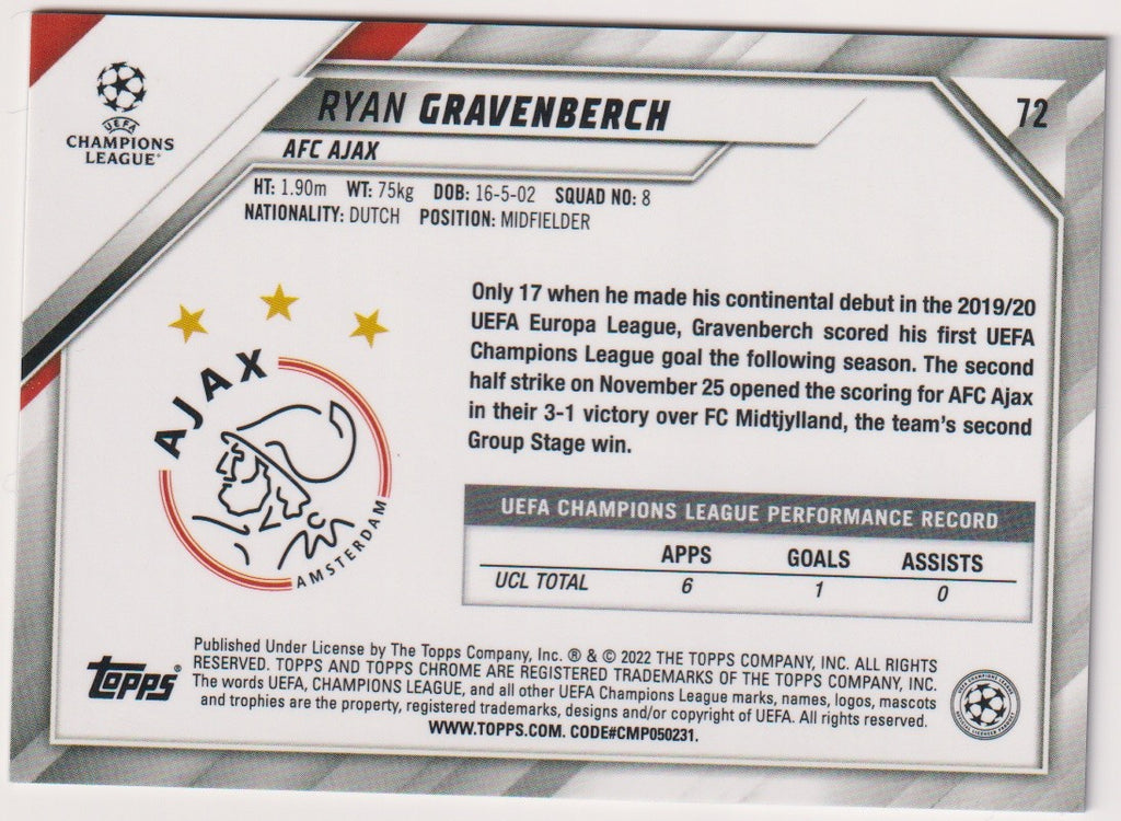 Topps Chrome 2021-22 Ryan Gravenberch Rookie AFC Ajax Parallel Rare Nr. 72 – Bild 2