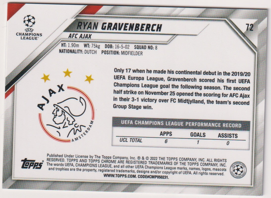 Topps Chrome 2021-22 Ryan Gravenberch Rookie AFC Ajax Parallel Rare Nr. 72 – Bild 2