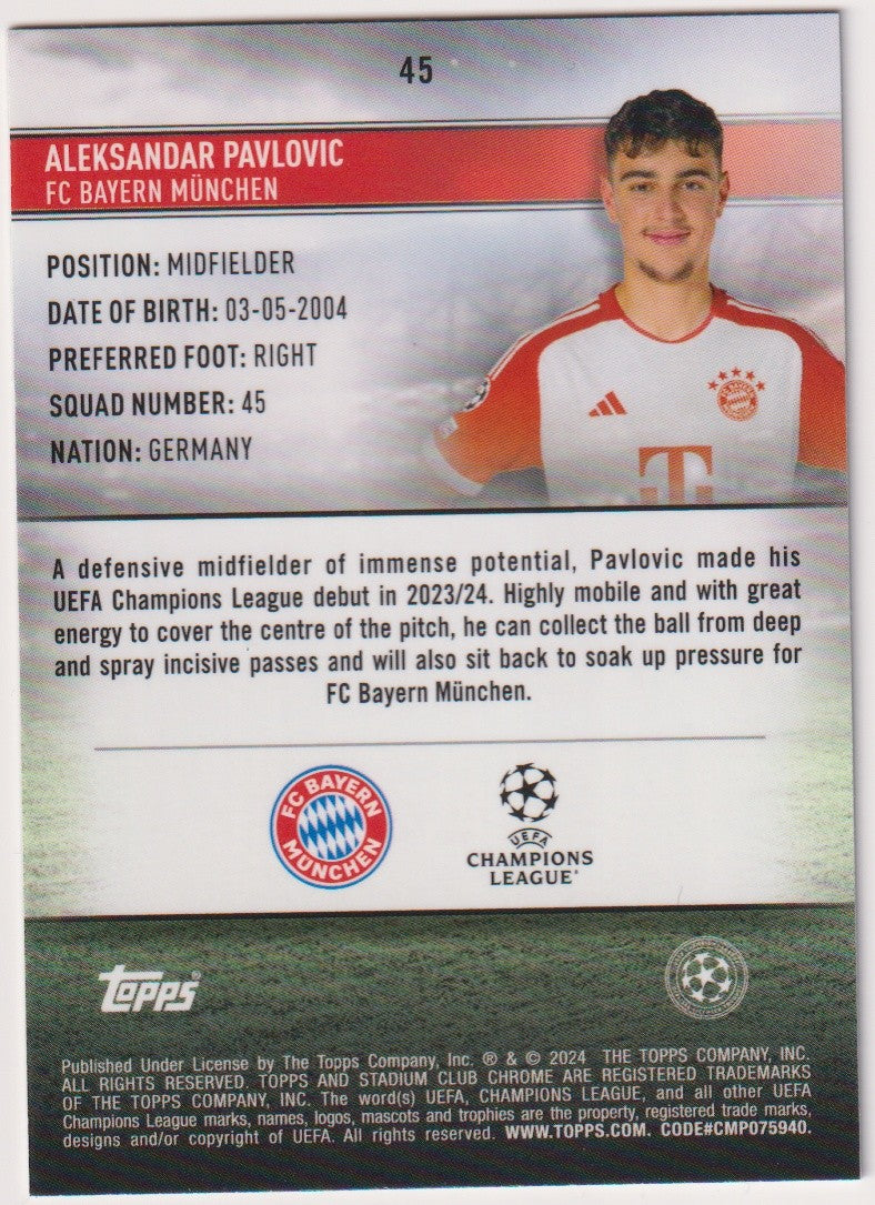 Topps Stadium Club 2023-24 Aleksandar Pavlovic Rookie FC Bayern München Parallel – Bild 2