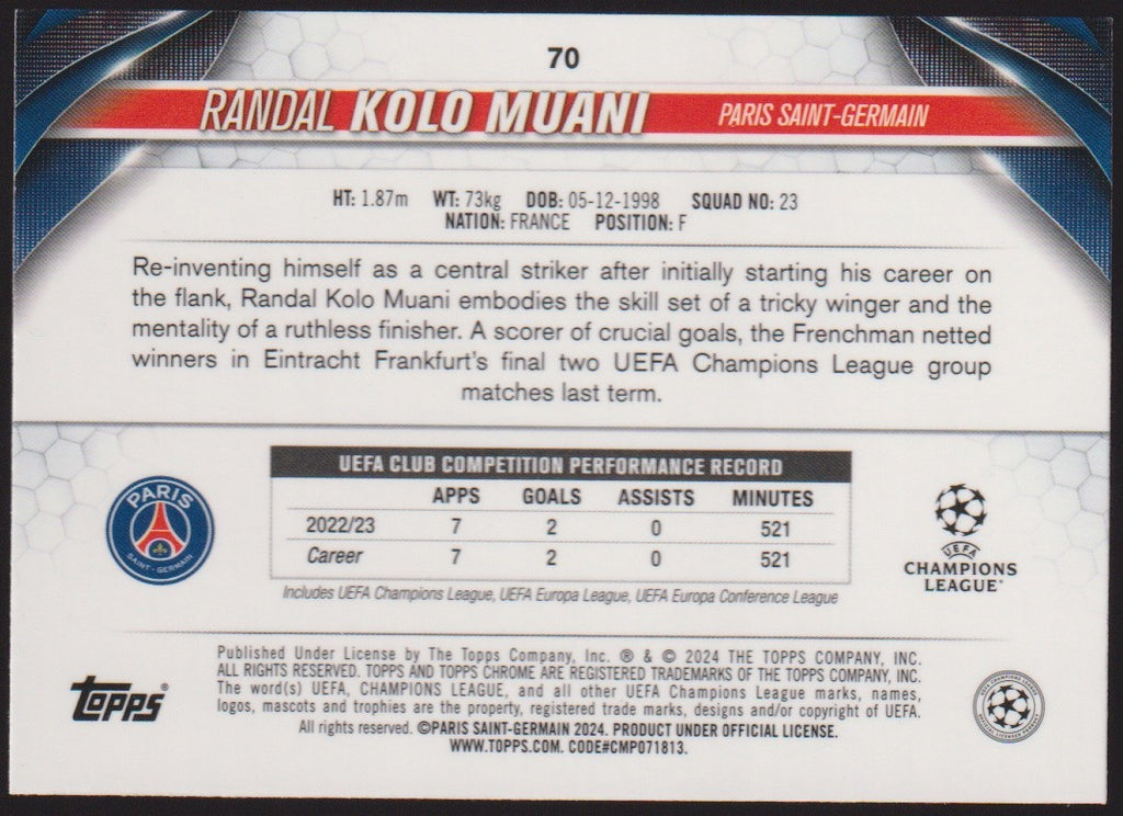 Topps Chrome 2023-24 Randal Kolo Muani Rookie Paris Saint-Germain Parallel Rare – Bild 2