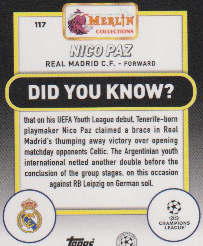 Merlin Collections 117 Nico Paz Rookie Real Madrid C.F. Parallel Rare – Bild 2
