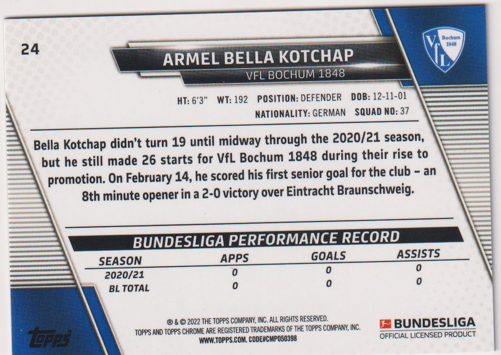 Topps Chrome 2023-24 Armel Bella Kotchap Rookie VfL Bochum 1848 Parallel Rare – Bild 2