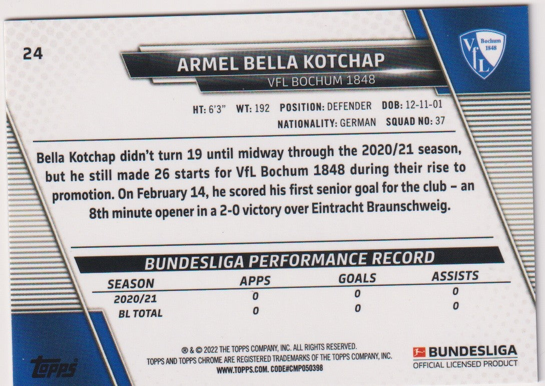 Topps Chrome 2023-24 Armel Bella Kotchap Rookie VfL Bochum 1848 Parallel Rare – Bild 2