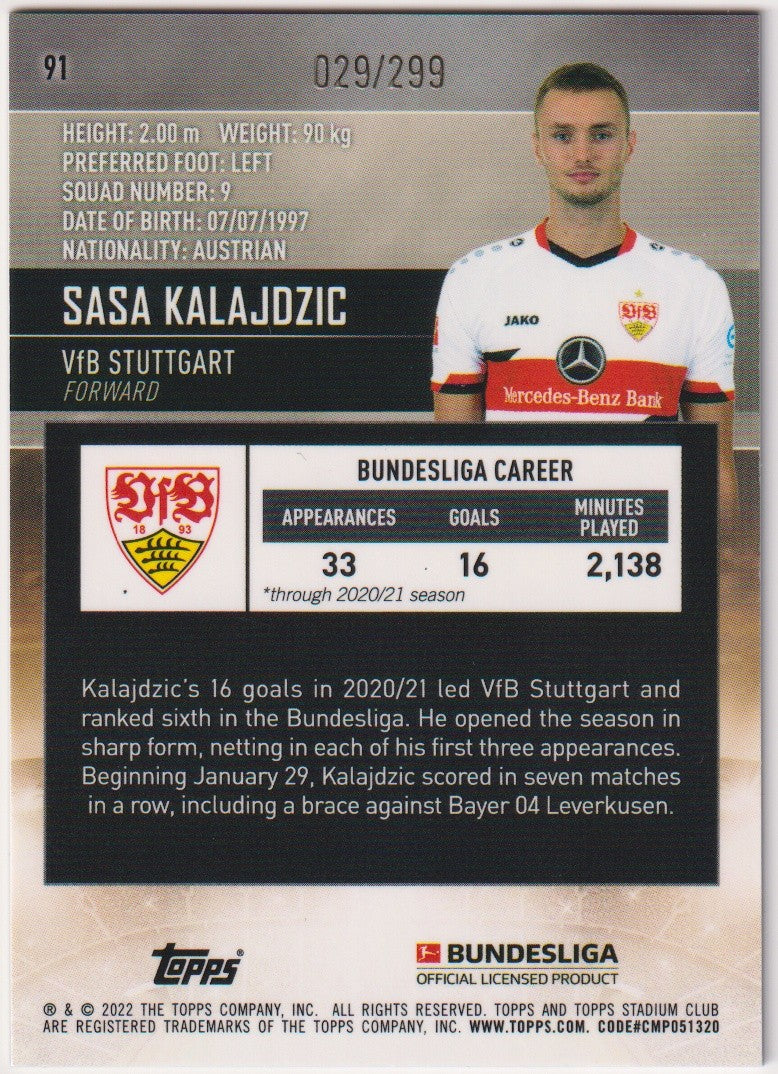 Topps Stadium Club Chrome 2020-21 Sasa Kalajdzic VfB Stuttgart Parallel 029/299 – Bild 2