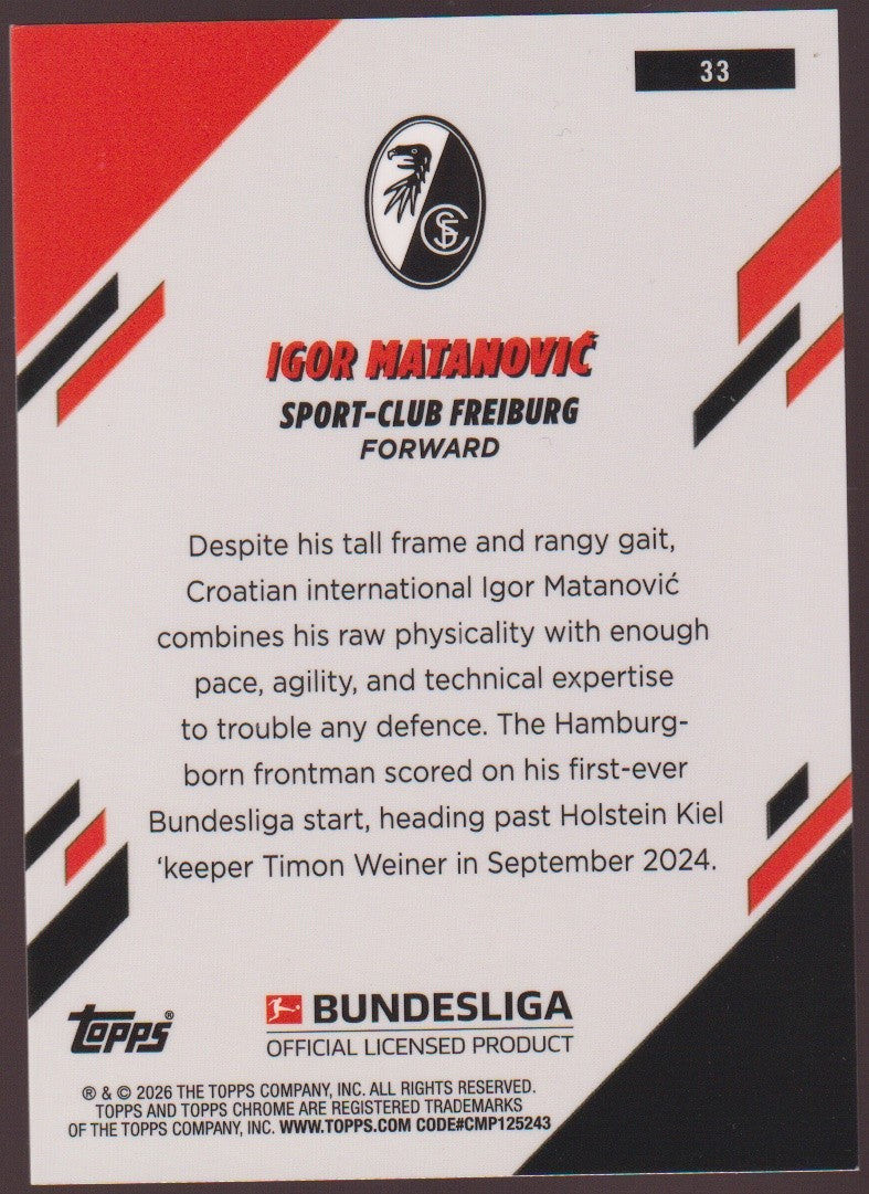 Topps Chrome 2025-26 Igor Matanovic SC Freiburg Parallel 133/150 Refractor – Bild 2