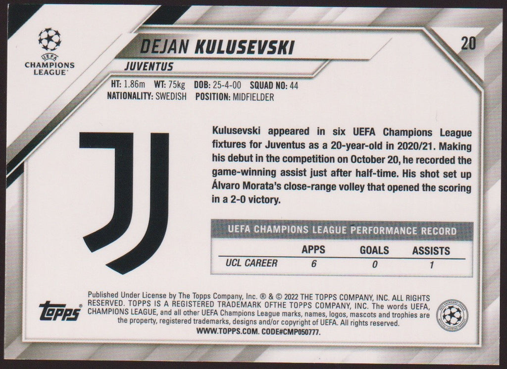 Topps 2021-22 Dejan Kulusevski Juventus Parallel Rare 1st Edition Refractor – Bild 2