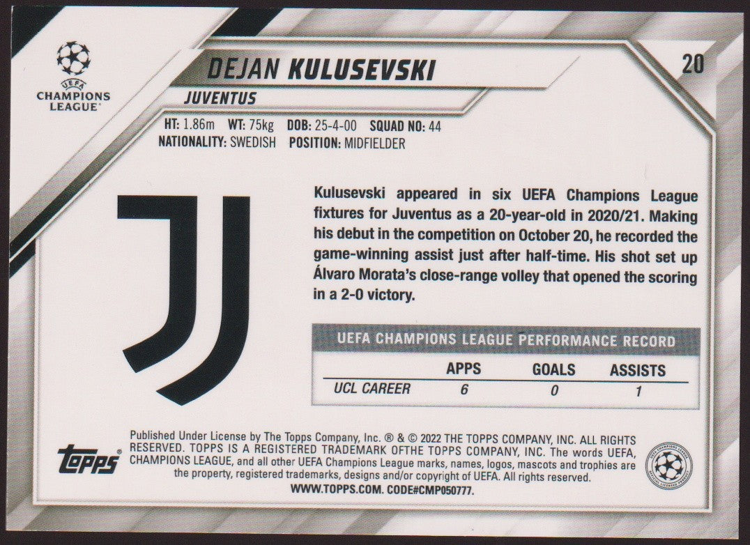 Topps 2021-22 Dejan Kulusevski Juventus Parallel Rare 1st Edition Refractor – Bild 2