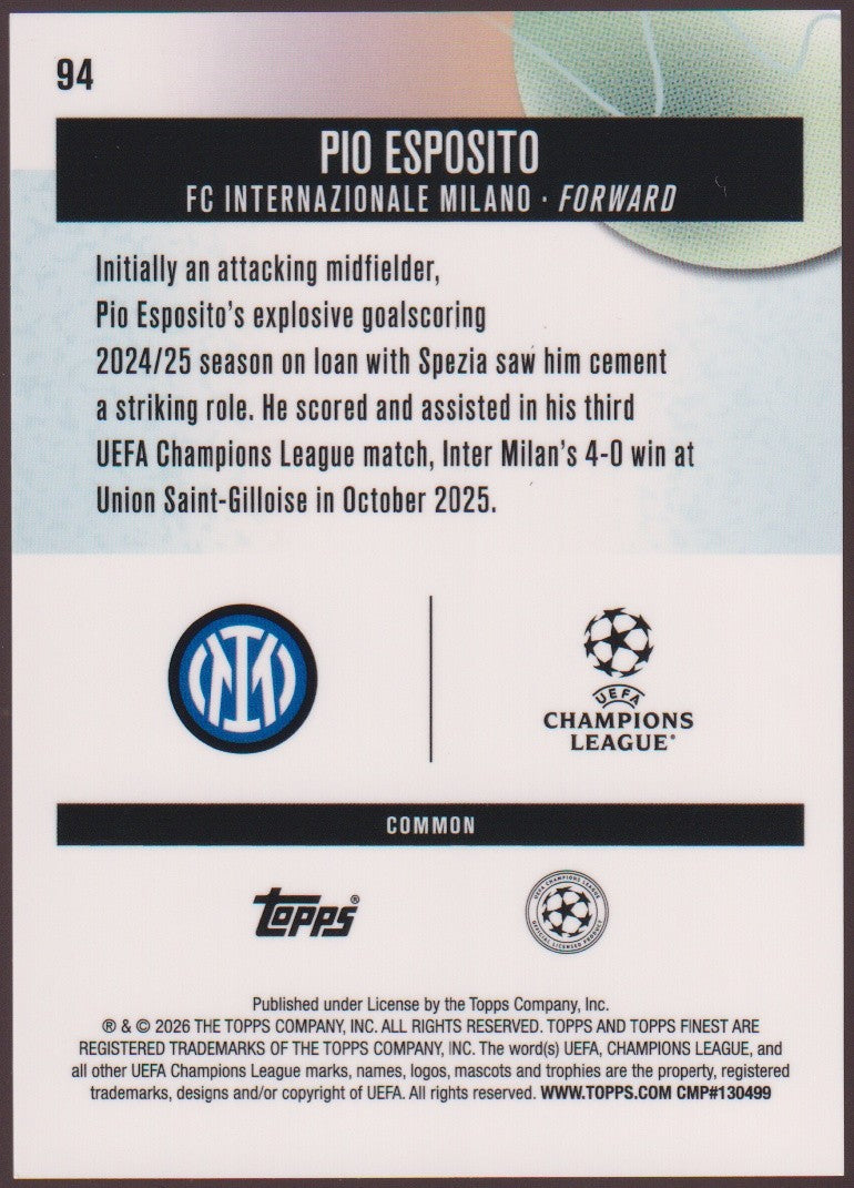 Topps Finest 2025-26 Pio Esposito FC Internazionale Milano Parallel 3/75 Rookie – Bild 2