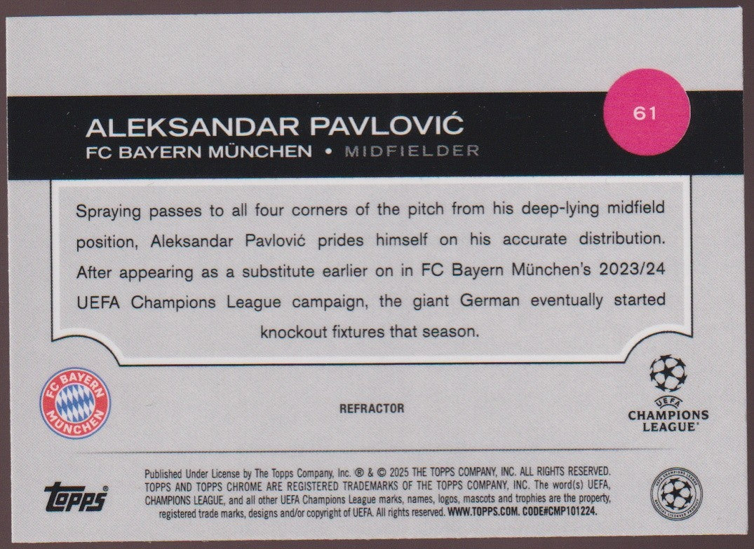 Topps Chrome 2024-25 Aleksandar Pavlović Rookie FC Bayern München Parallel – Bild 2