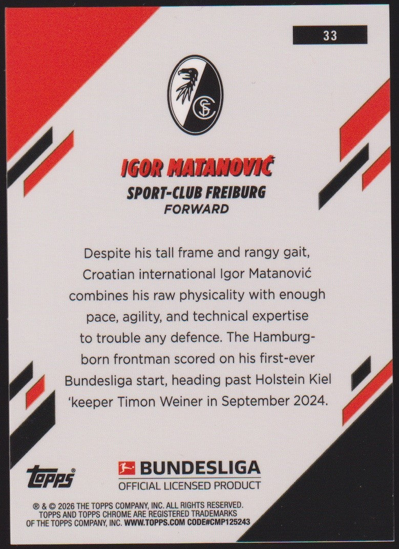 Topps Chrome 2025-26 Igor Matanovic SC Freiburg Parallel 108/150 Refractor – Bild 2