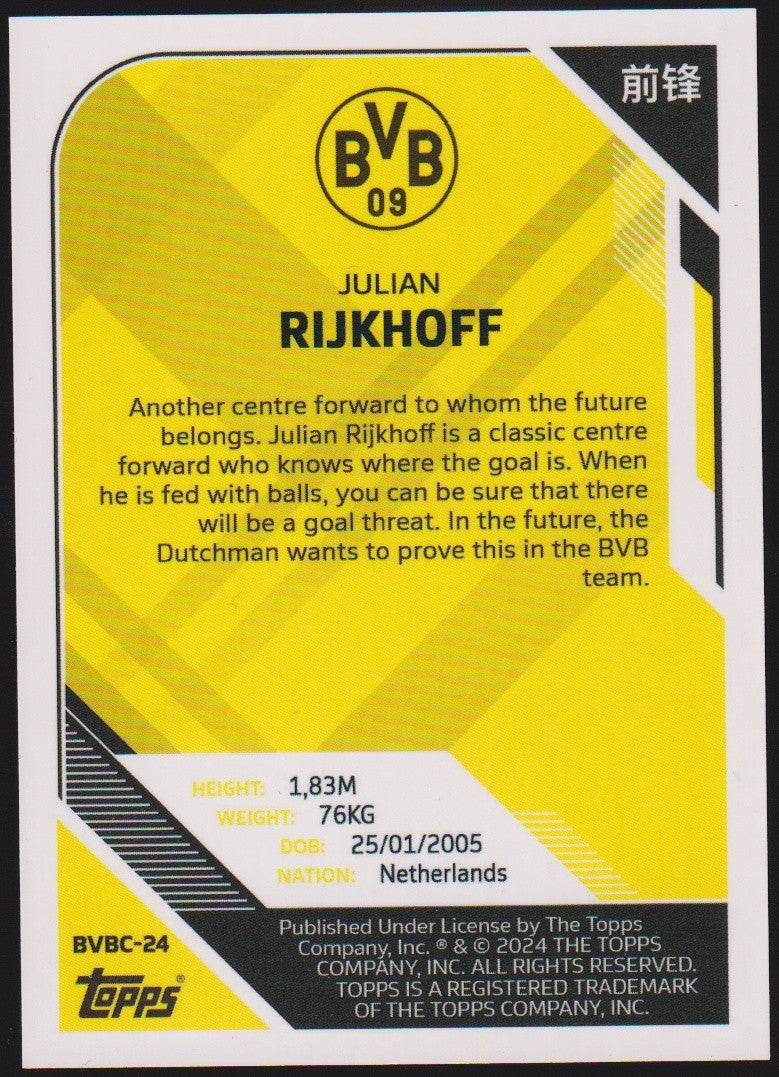 Topps Broussia Dortmund 2023-24 Julian Rijkhoff Rookie BVB Parallel Rare – Bild 2