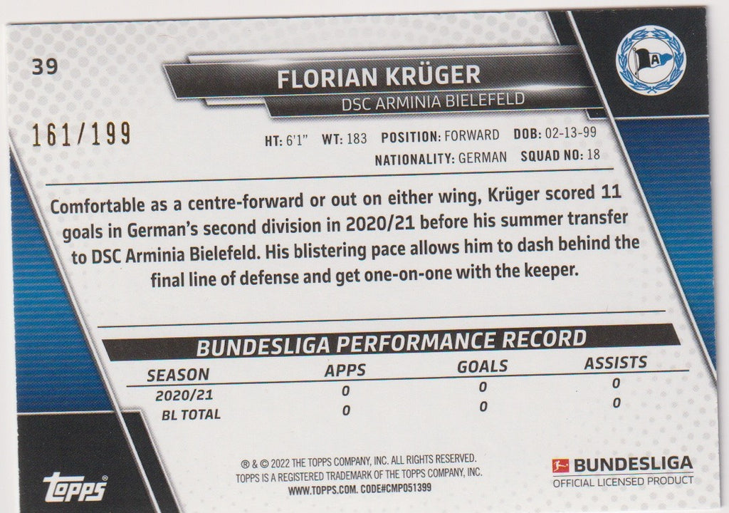 Topps 2020-21 Florian Krüger Rookie DSC Arminia Bielefeld Bundesliga Parallel – Bild 2