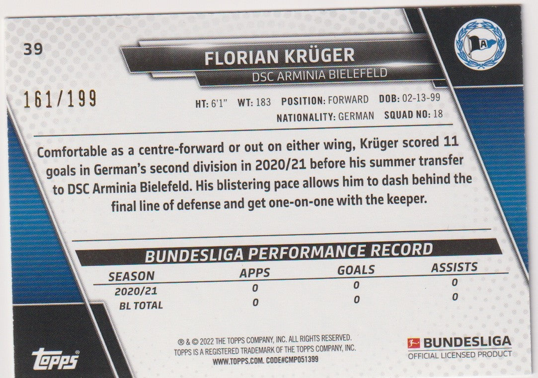 Topps 2020-21 Florian Krüger Rookie DSC Arminia Bielefeld Bundesliga Parallel – Bild 2