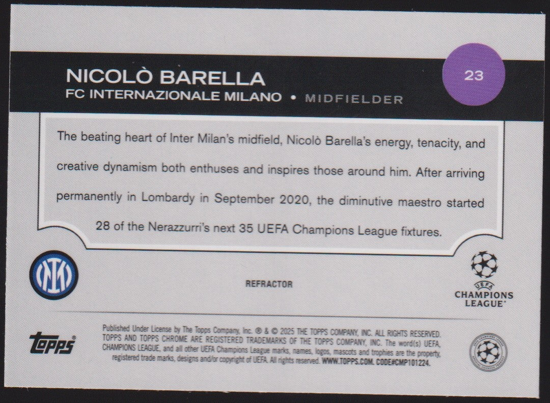 Topps Chrome 2024-25 Nicolò Barella FC Internazionale Milano Parallel Refractor – Bild 2