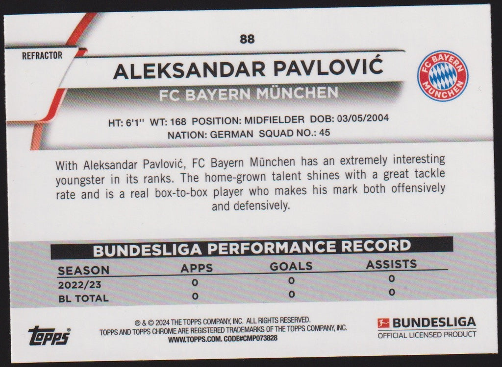 Topps Chrome 2023-24 Aleksandar Pavlović Rookie FC Bayern München Parallel – Bild 2