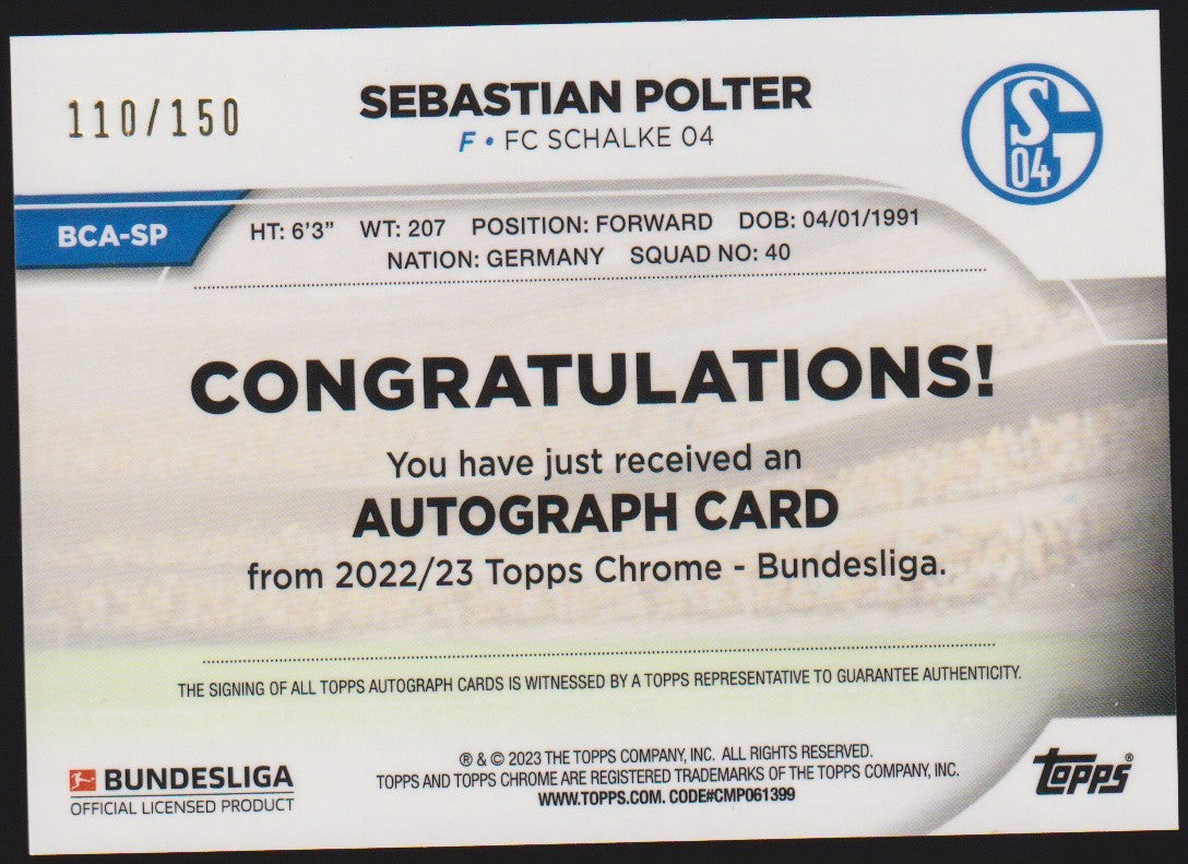 Topps Chrome 2022-23 Sebastian Polter Auto Schalke 04 Parallel 110/150 Refractor – Bild 2