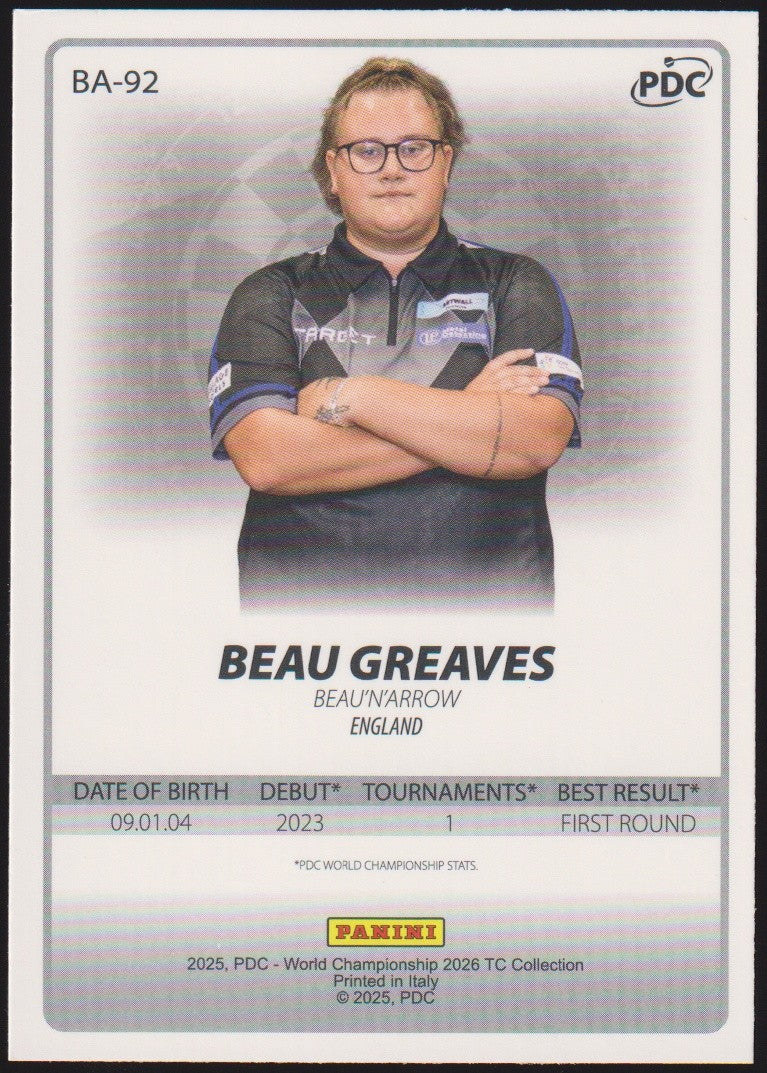 Panini PDC Championship 2026 Beau Greaves "Beau'n'Arrow" Refractor Parallel – Bild 2