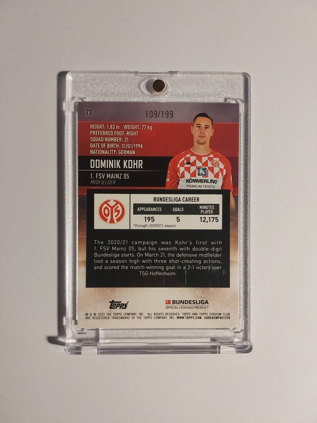 Topps Chrome Bundesliga 2021-22 Dominik Kohr Mainz 05 Parallel 109/199 Refractor – Bild 2