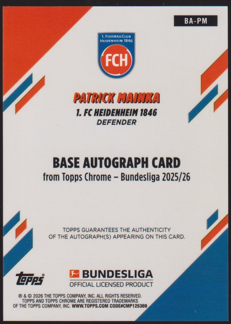Topps 2025-26 Patrick Mainka Auto 1. FC Heidenheim 1846 Parallel 41/50 – Bild 2
