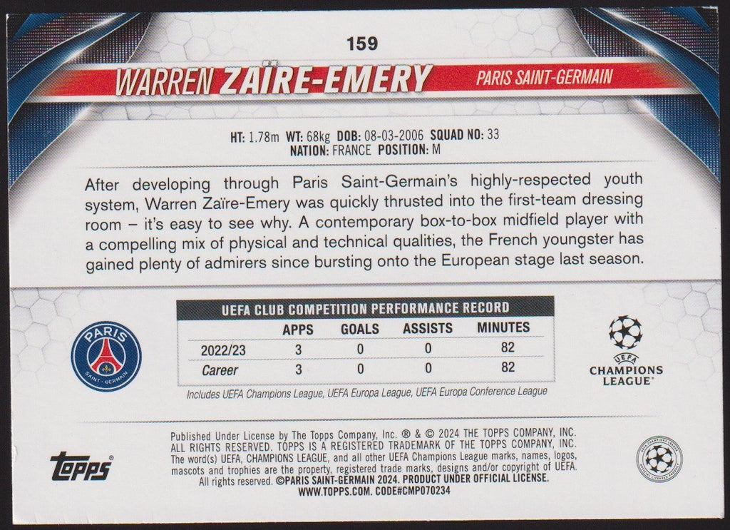 Topps 2023-24 Warren Zaire-Emery Rookie Paris Saint-Germain Parallel Rare – Bild 2